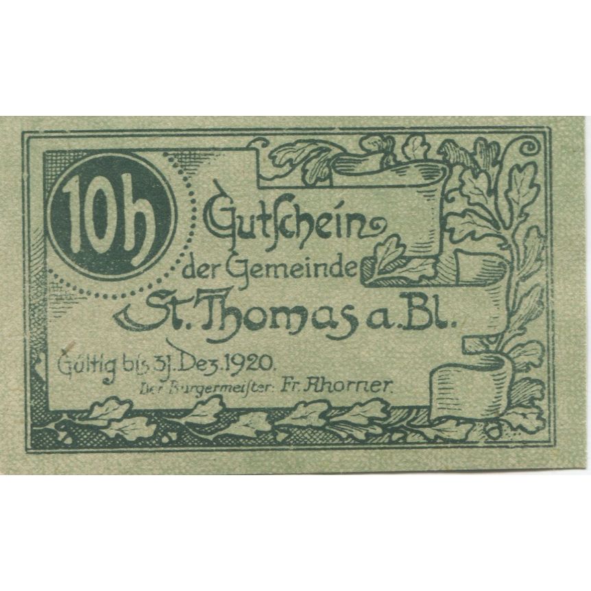 Billete, Austria, St Thomas, 10 Heller, valeur faciale, 1920 SC Mehl:FS 938a