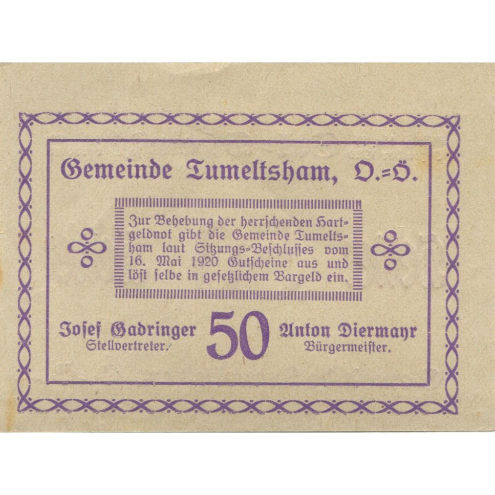 Billete, Austria, Tumeltsham 50 Heller valeur faciale 2, 1920 SC Mehl:FS 1085IIb