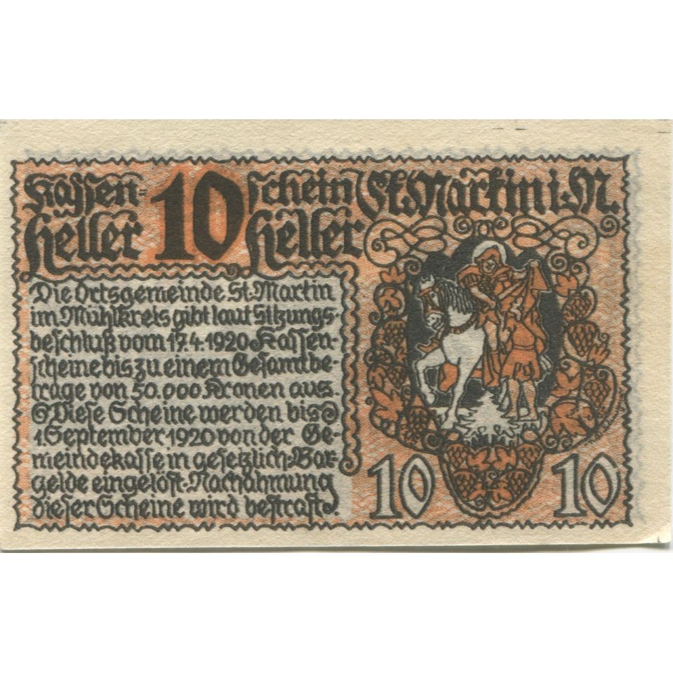 Billete, Austria, St Martin, 10 Heller, Blason 1920-09-01, SC, Mehl:FS 912a