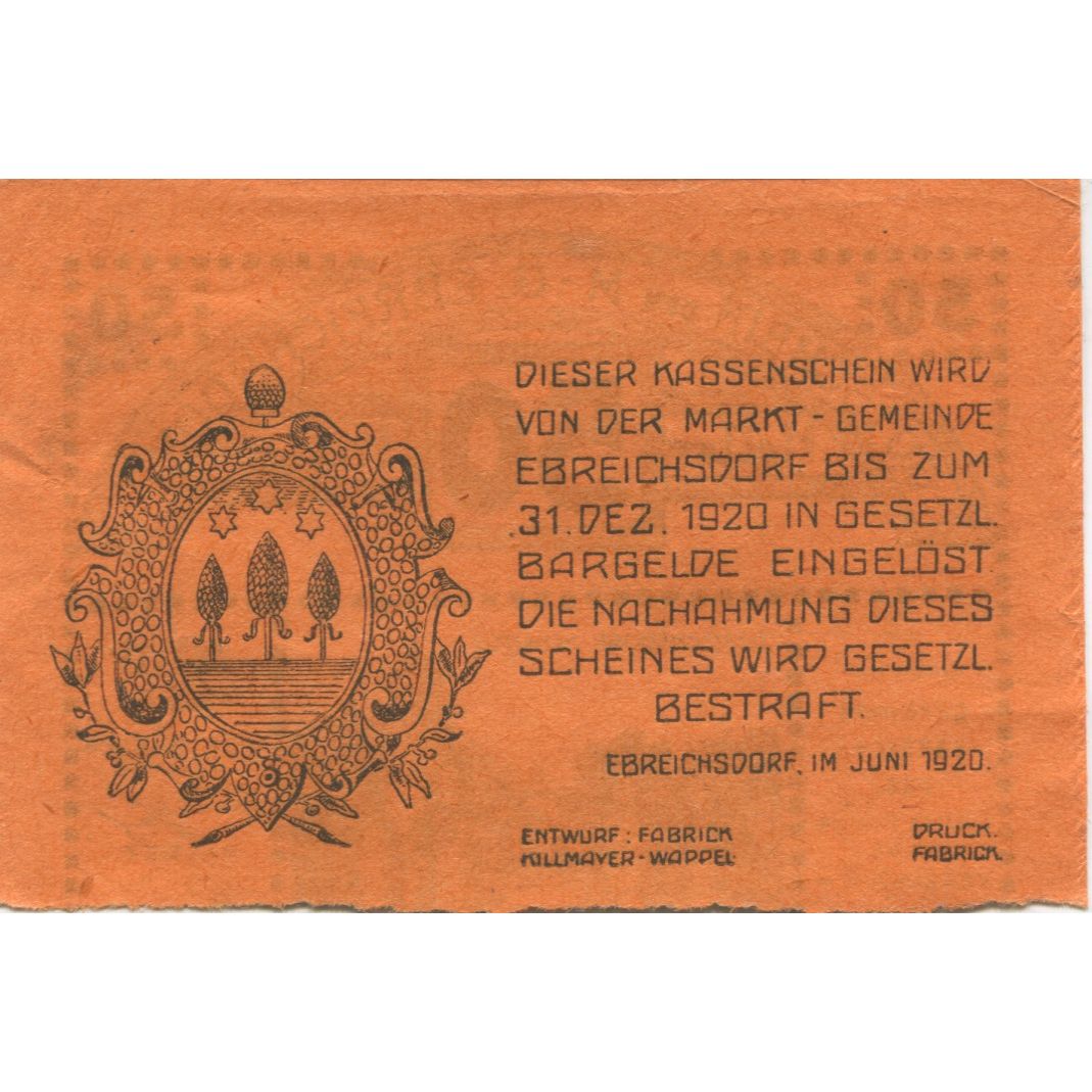 Banknote, Austria, Ebreichsdorf, 50 Heller, Eglise, 1920 UNC(63) Mehl:FS 147