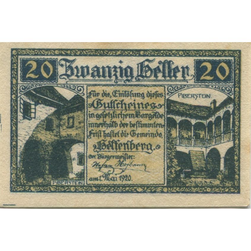 Billete, Austria, Helfenberg, 20 Heller, Eglise, 1920, SC, Mehl:FS 363a