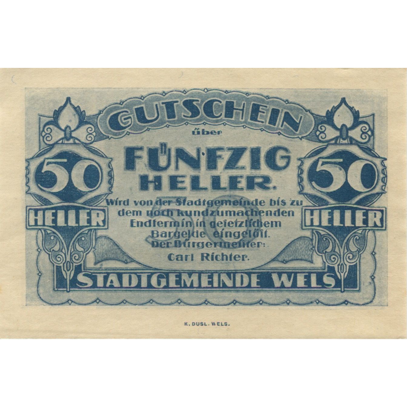 Billete, Austria, Wels, 50 Heller, rue, 1920, SC, Mehl:FS 1167II.1
