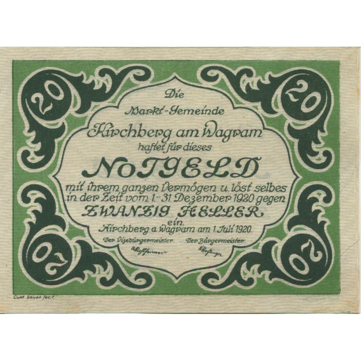 Billete, Austria, Kirchberg, 20 Heller, valeur faciale, 1920 SC Mehl:FS 439IIa