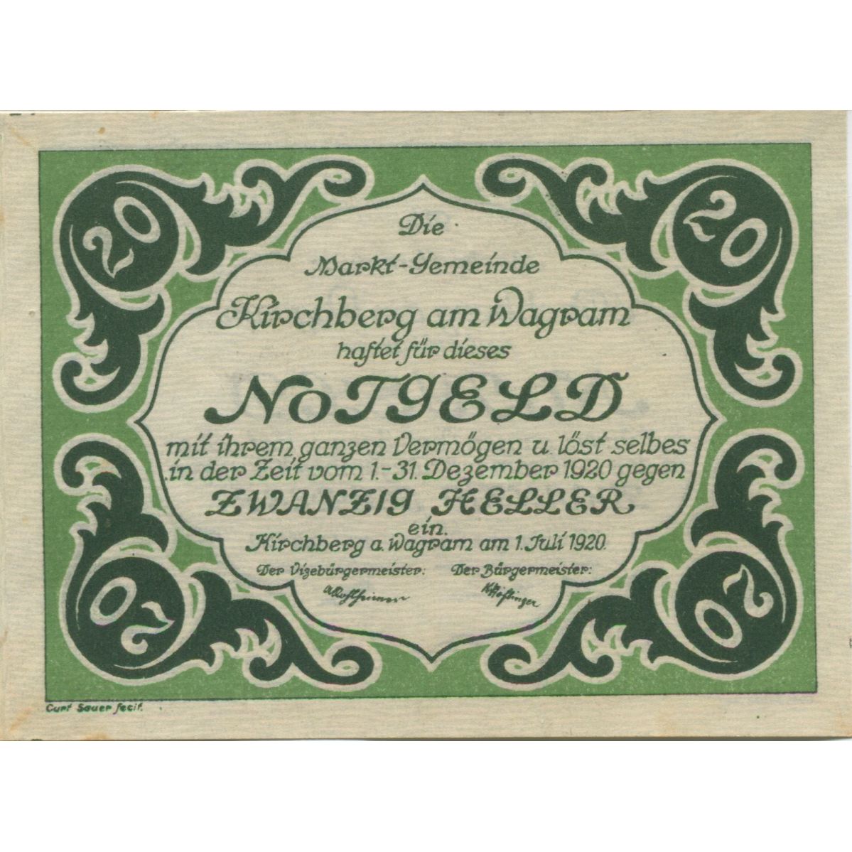 Billete, Austria, Kirchberg, 20 Heller, valeur faciale, 1920 SC Mehl:FS 439IIa