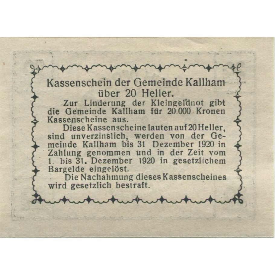 Billete, Austria, Kallham, 20 Heller, Eglise, 1920, 1920-09-15, SC, Mehl:FS 422a