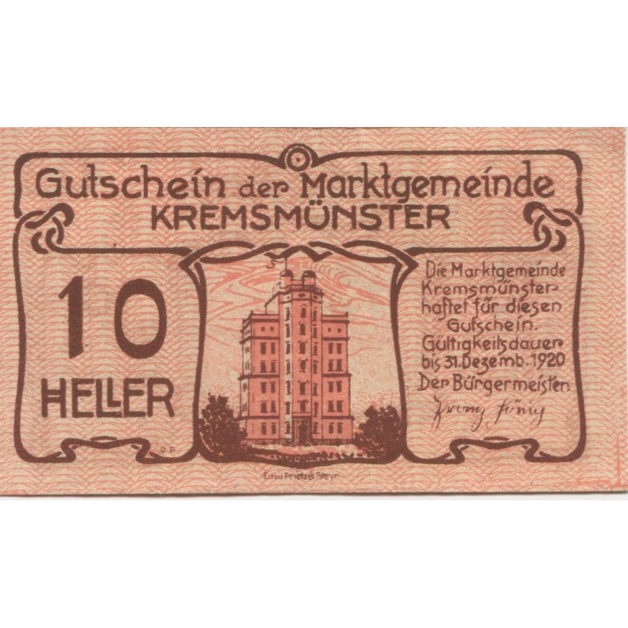 Billete, Austria, Kremsmunster, 10 Heller, Monument, 1920 SC Mehl:FS 476Ia