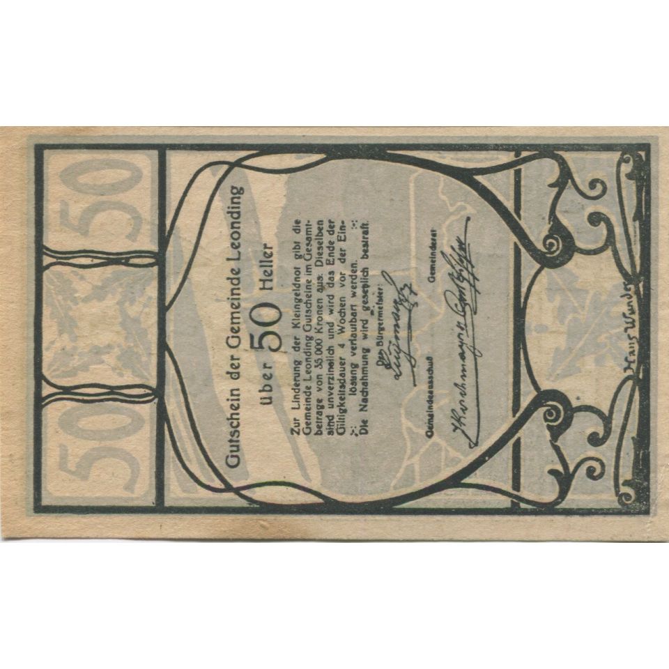 Billete, Austria, Leonding, 50 Heller, statue, 1920, SC, Mehl:FS 513a