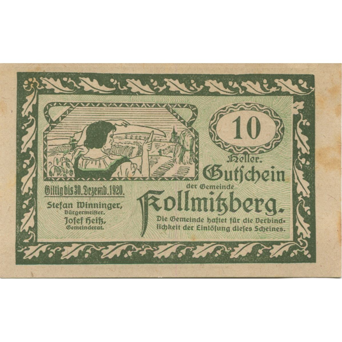 Billete, Austria, Kollmitzberg, 10 Heller, paysage 1920-12-30, EBC Mehl:FS 462c