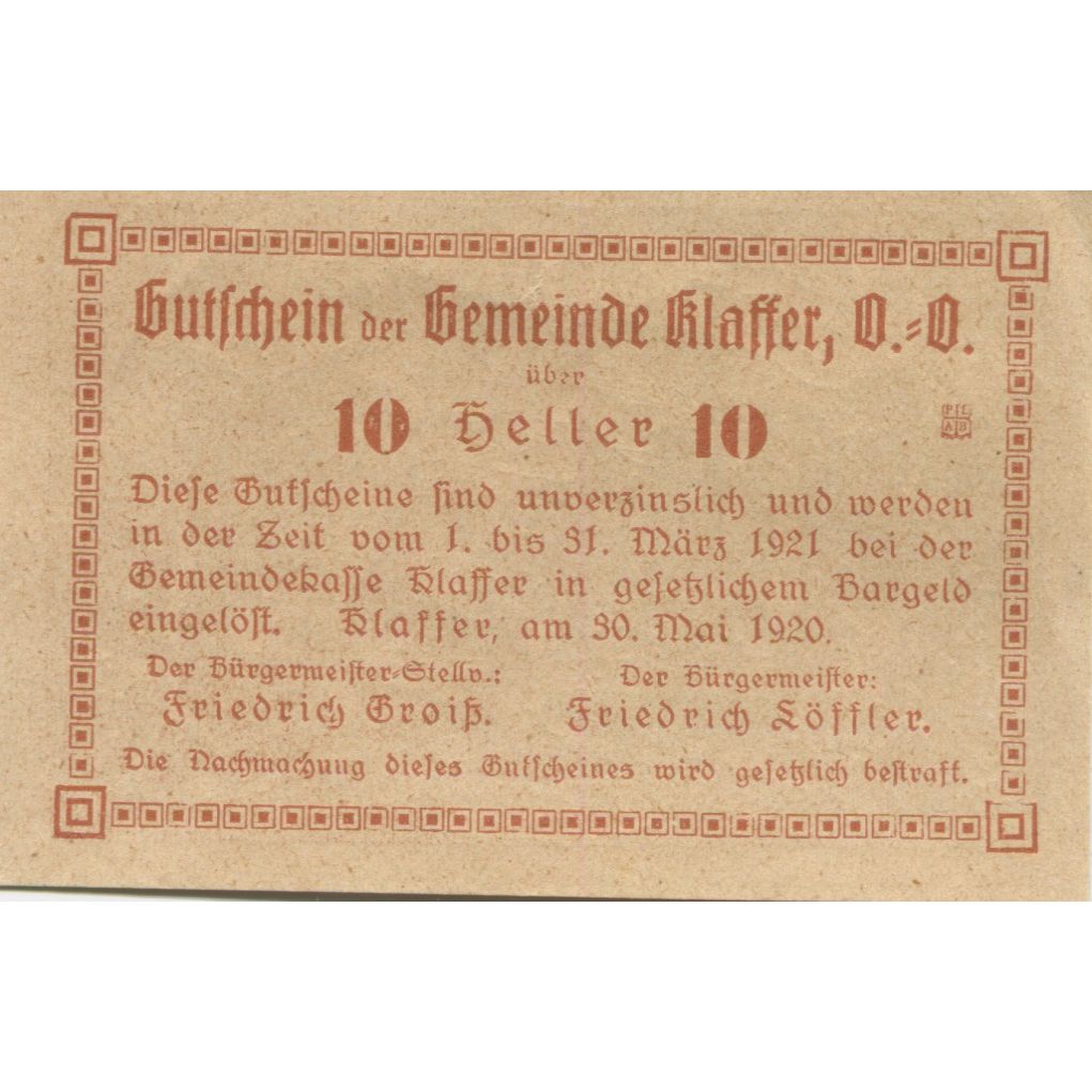 Billete, Austria, Klaffer, 10 Heller, Foret, 1921, 1921-03-31, SC, Mehl:FS 450a