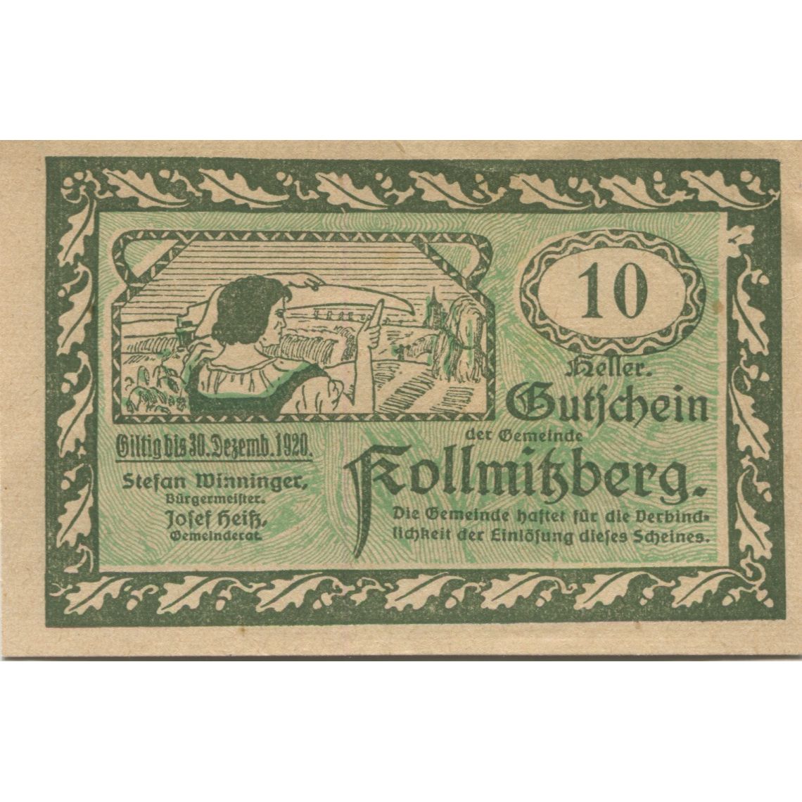 Billete, Austria, Kollmitzberg, 10 Heller, personnage, 1920 SC Mehl:FS 462b