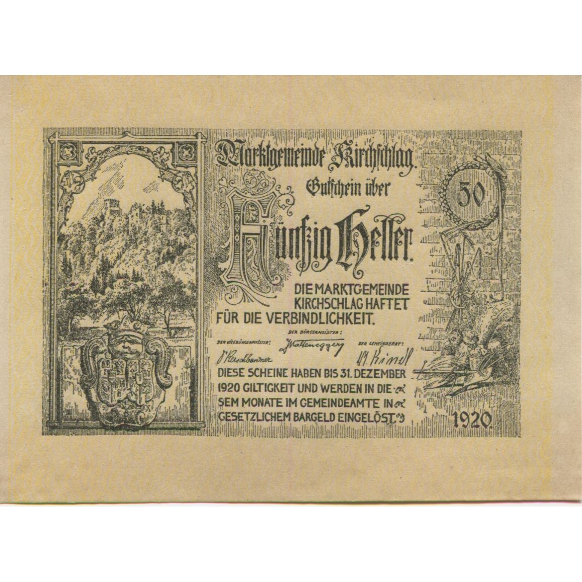 Billete, Austria, Kirchschlag, 50 Heller, ruine 1920-12-31, SC, Mehl:FS 448a