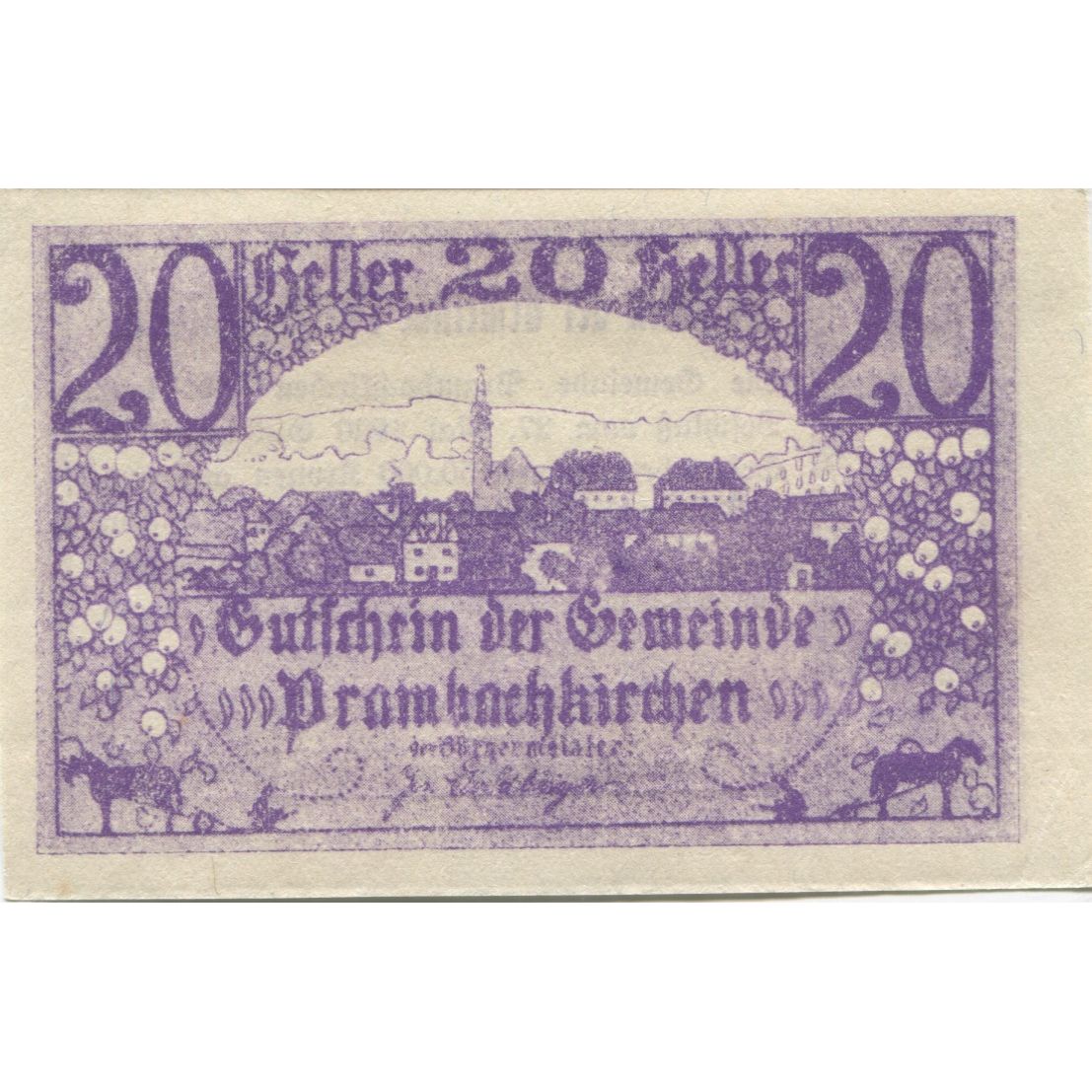 Billete, Austria, Prambachkirchen, 20 Heller paysage 1920-05-27, SC Mehl:FS 779a