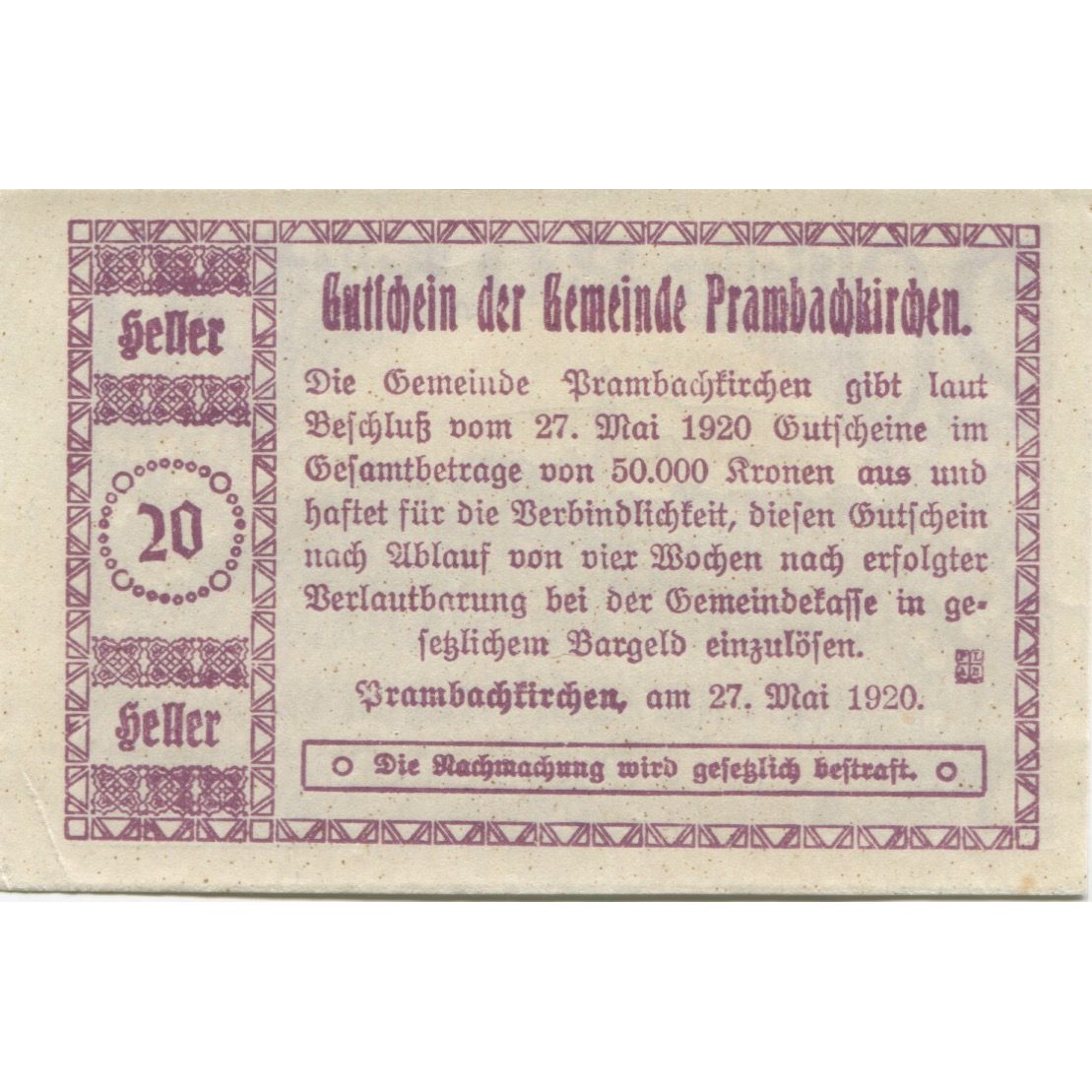 Billete, Austria, Prambachkirchen, 20 Heller paysage 1920-05-27, SC Mehl:FS 779a