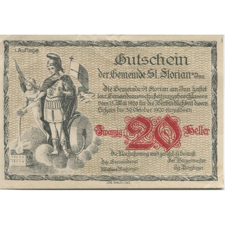 Billete, Austria, St Florian, 20 Heller, chevalier, 1920 SC Mehl:FS 881a