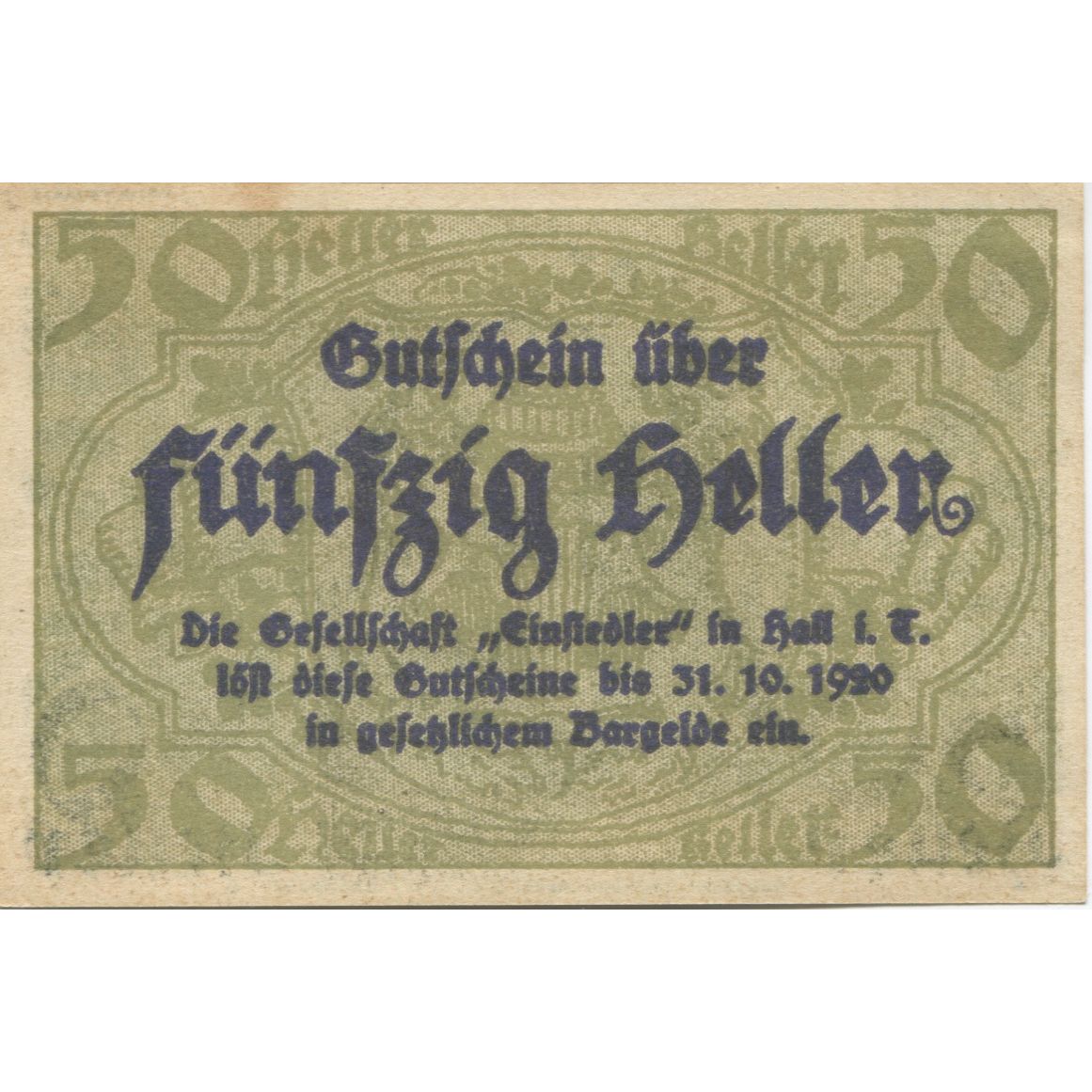 Billete, Austria, Hall, 50 Heller, rue, 1920, 1920-10-31, EBC+, Mehl:FS 343a