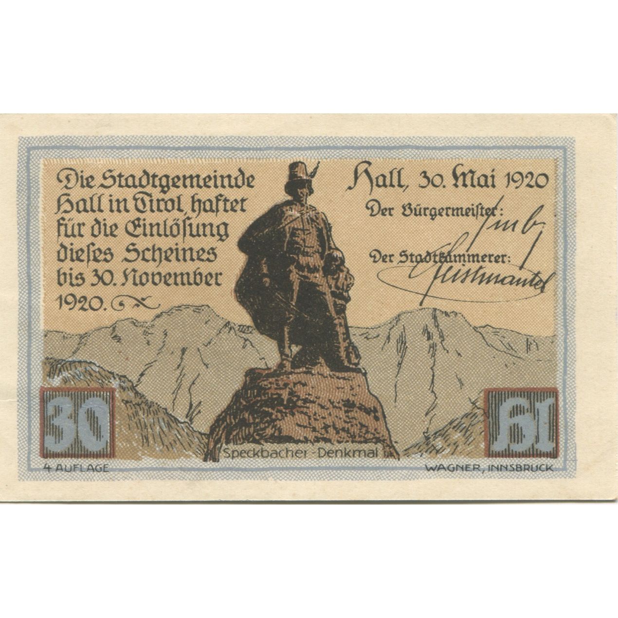 Billete, Austria, Hall, 30 Heller, statue, 1920, 1920-05-30, SC, Mehl:FS 342IId
