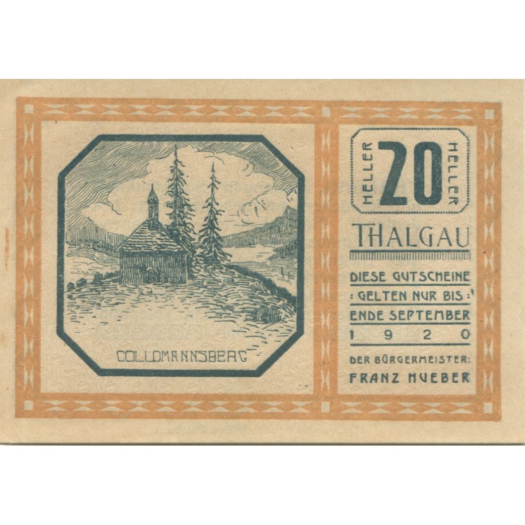 Billete, Austria, Thalgau, 20 Heller, chalet 1920-09-30, SC, Mehl:FS 1065a