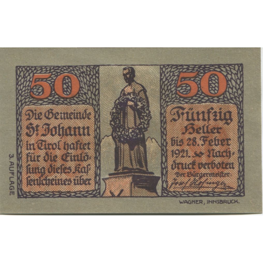 Billete, Austria, St Johann, 50 Heller, personnage, 1921 SC Mehl:FS 898a