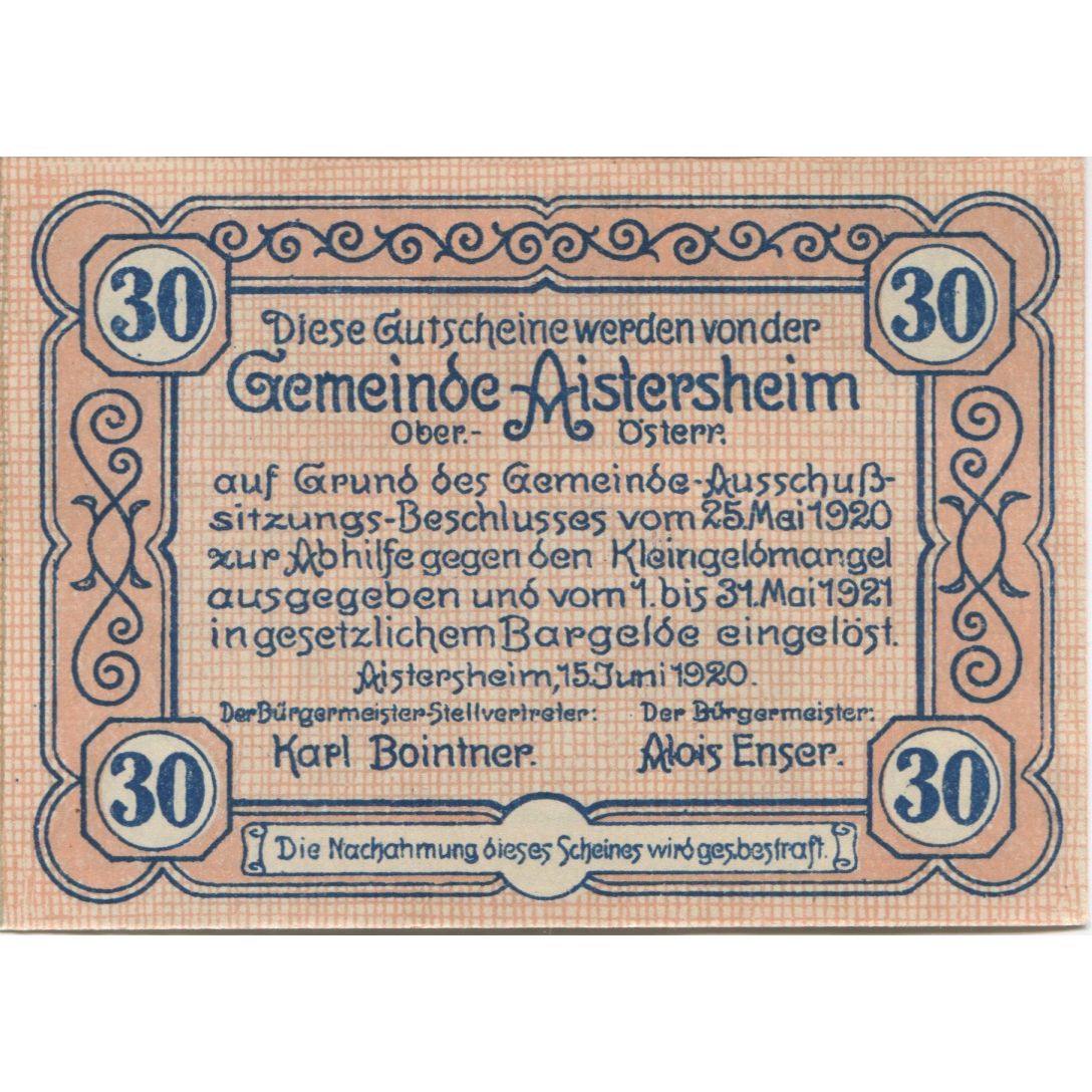 Billete, Austria, Aistersheim, 30 Heller, école, 1921-05-31, SC, Mehl:FS 15a