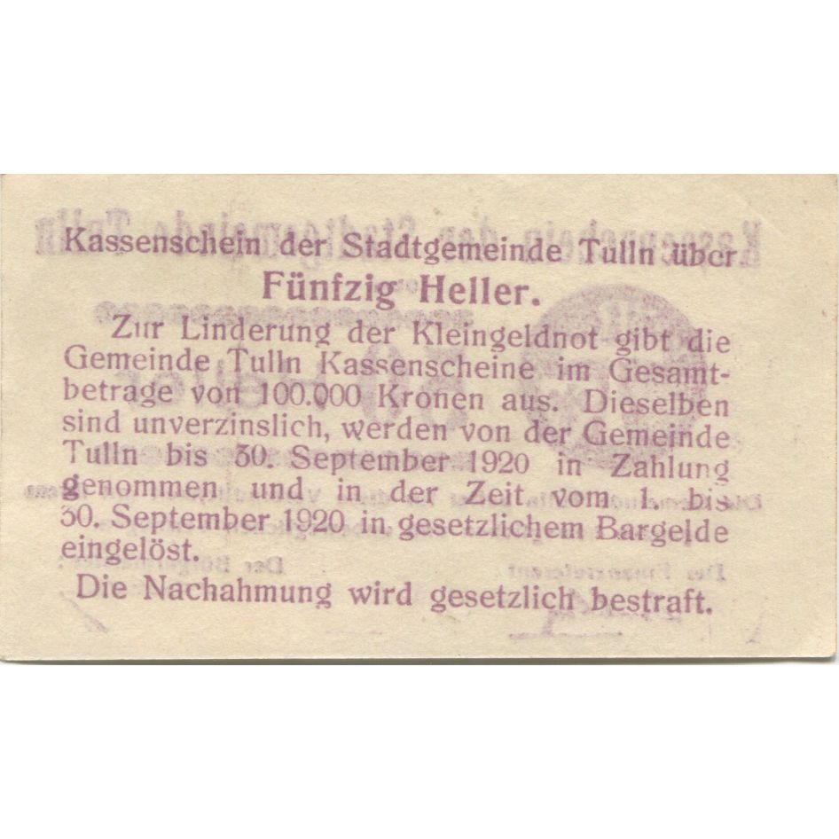 Billete, Austria, Tulln, 50 Heller, valeur faciale 1920-09-30, SC Mehl:FS 1083I