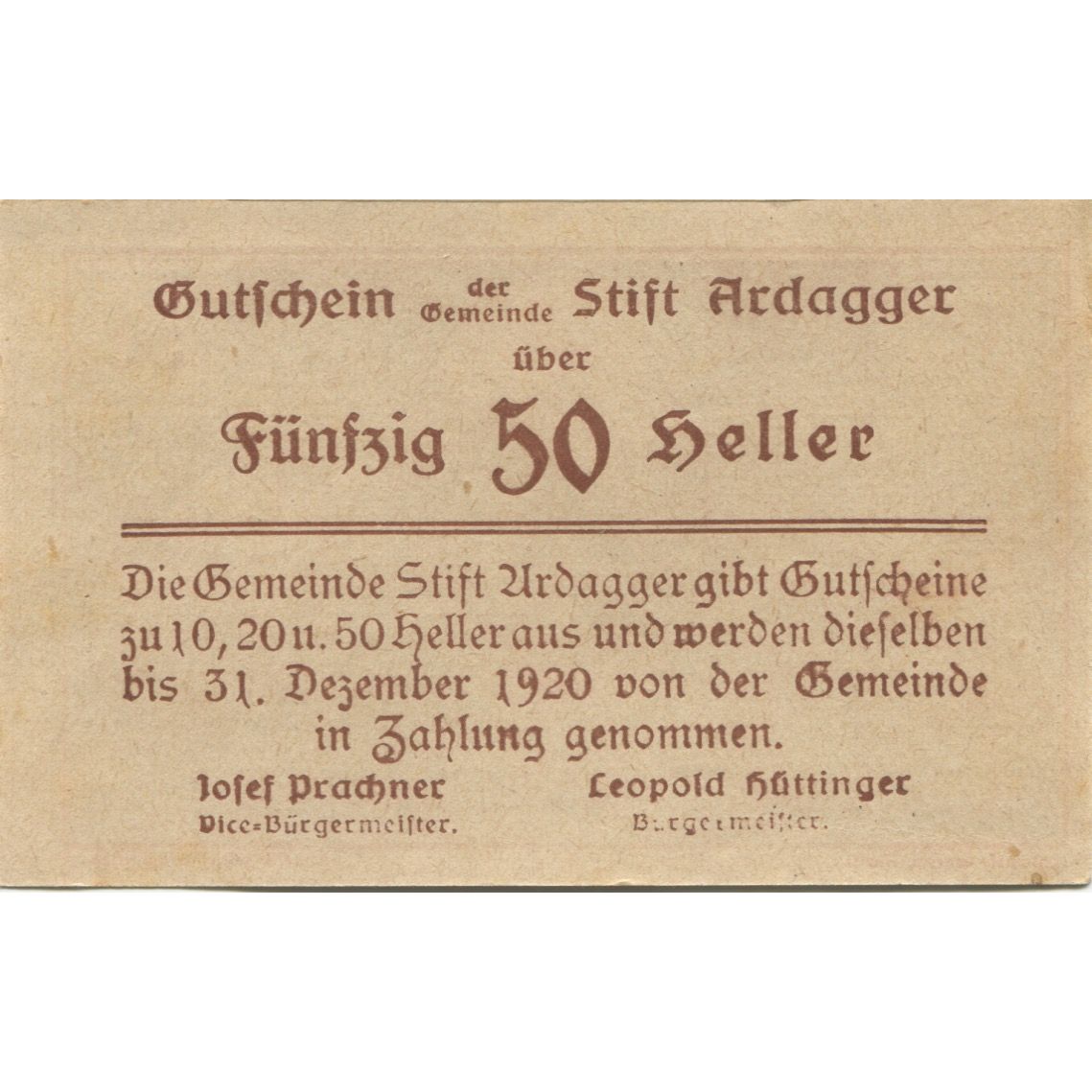 Billete, Austria, Stift Ardagger, 50 Heller, Eglise, 1920 SC Mehl:FS 51Ac