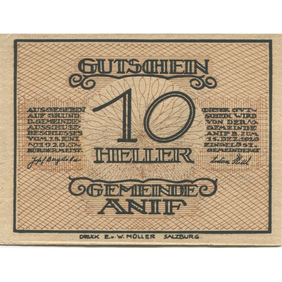 Billete, Austria, Anif, 10 Heller, Eglise, 1920, 1920-12-15, SC, Mehl:FS 43a