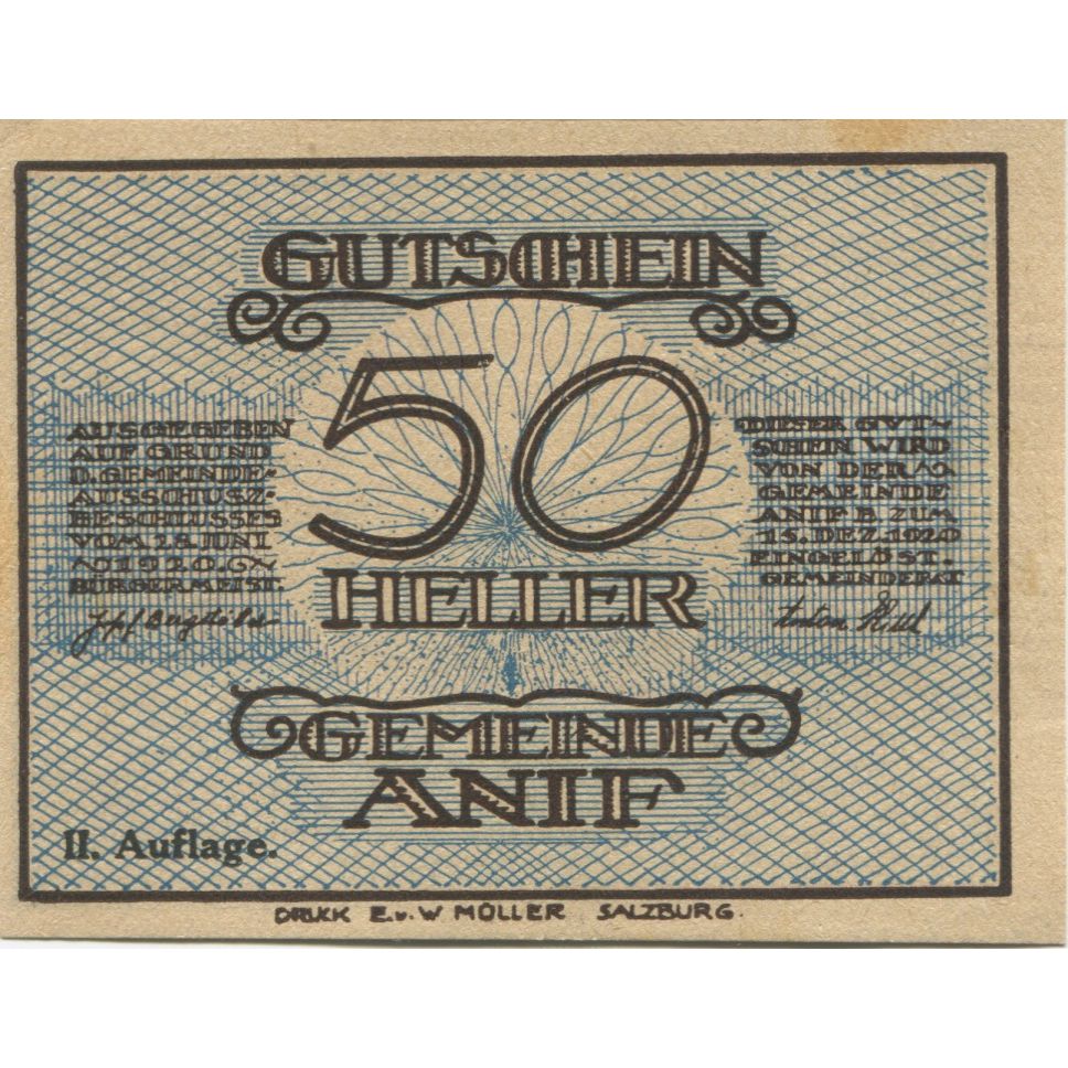 Billete, Austria, Anif, 50 Heller, porte, 1920, 1920-12-15, SC, Mehl:FS 43b