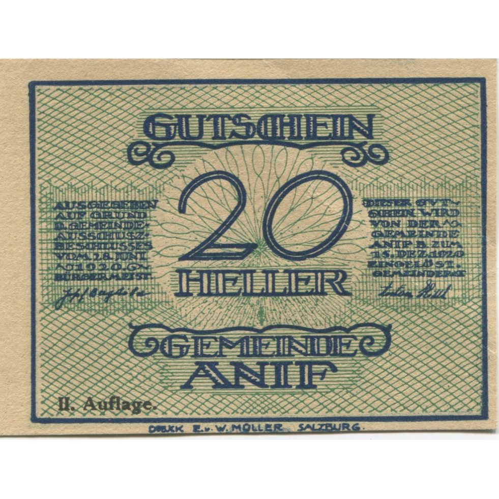 Billete, Austria, Anif, 20 Heller, Eglise, 1920, 1920-12-15, SC, Mehl:FS 43a