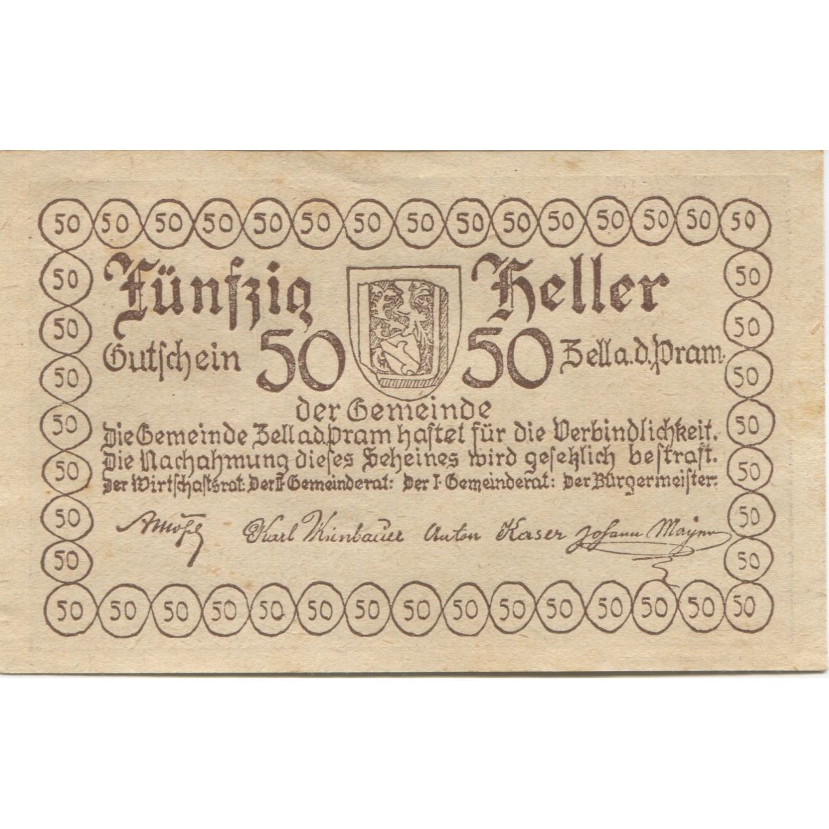 Billete, Austria, Zell an der Pram, 50 Heller, Eglise, 1920 SC Mehl:FS 1271a