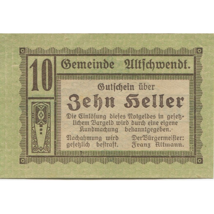 Billete, Austria, Altschwendt, 10 Heller, valeur faciale, 1920, SC, Mehl:FS 35Ia