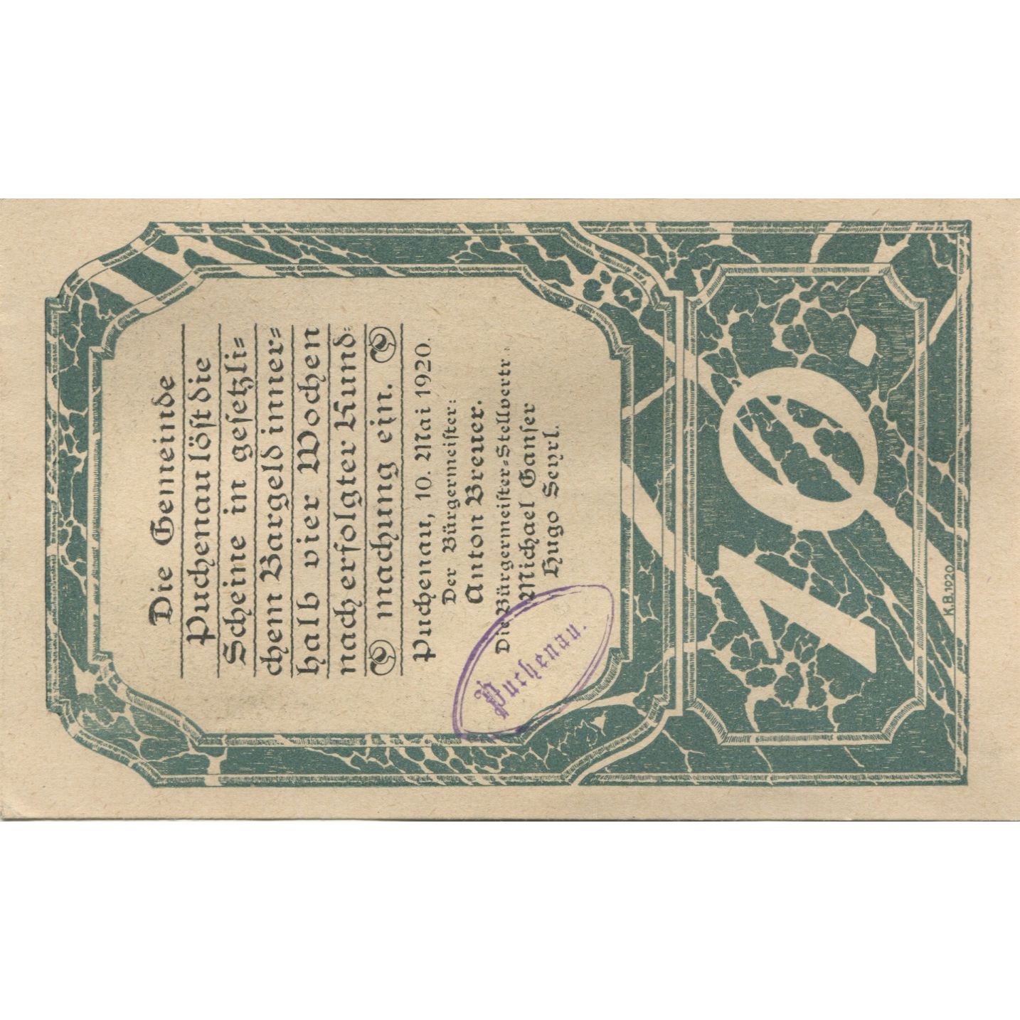 Billete, Austria, Puchenau, 10 Heller, chemin, 1920, 1920-05-10, SC, Mehl:FS 788