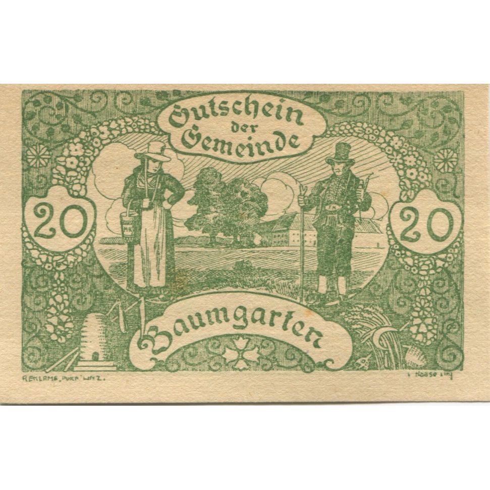 Billete, Austria, Baumgarten, 20 Heller, personnage 1921-02-28, SC Mehl:FS 78b