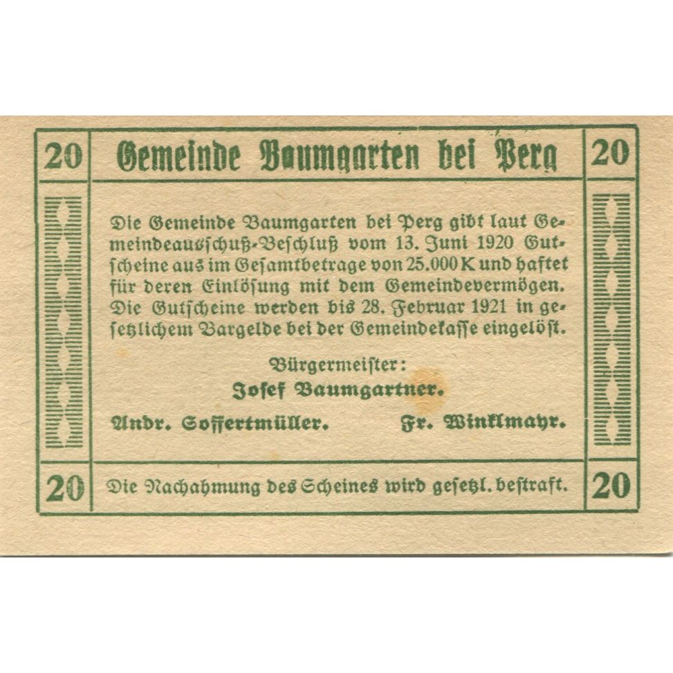 Billete, Austria, Baumgarten, 20 Heller, personnage 1921-02-28, SC Mehl:FS 78b