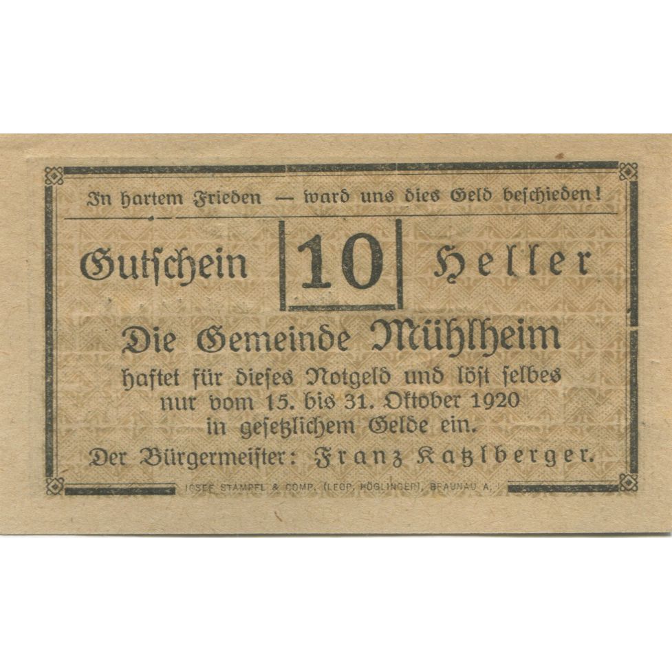 Billete, Austria, Mülheim, 10 Heller, château 1920-10-31, SC Mehl:FS 631a1
