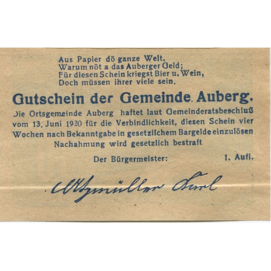 Billete, Austria, Auberg, 10 Heller, chemin, 1920, 1920-06-13, SC, Mehl:FS 66aA