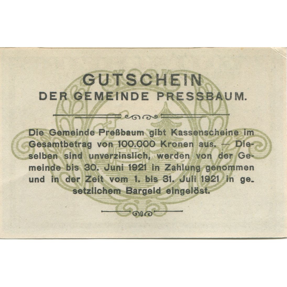 Billete, Austria, Pressbaum, 40 Heller, paysage 1921-07-31, SC Mehl:FS 784a