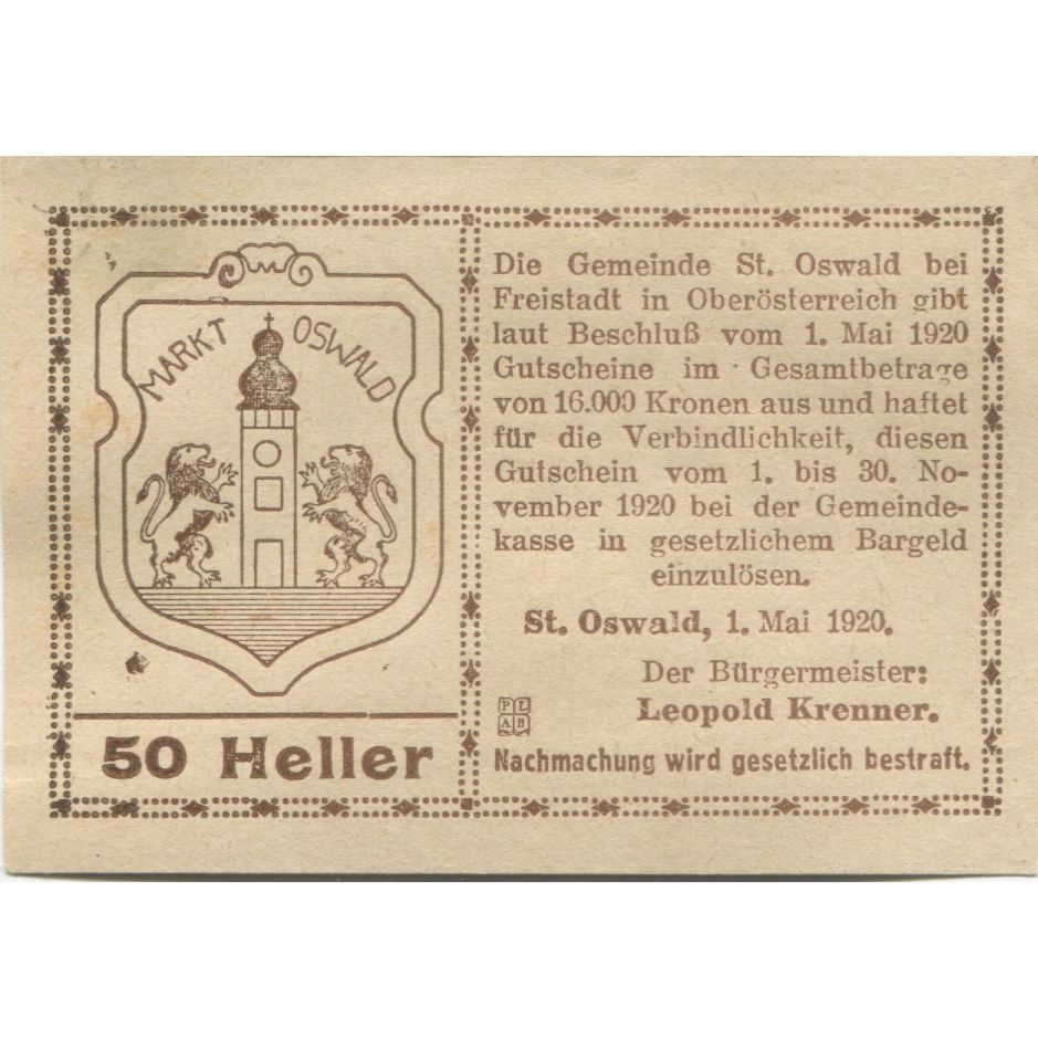 Billete, Austria, St Oswald, 50 Heller, Eglise 1920-11-01, SC, Mehl:FS 917