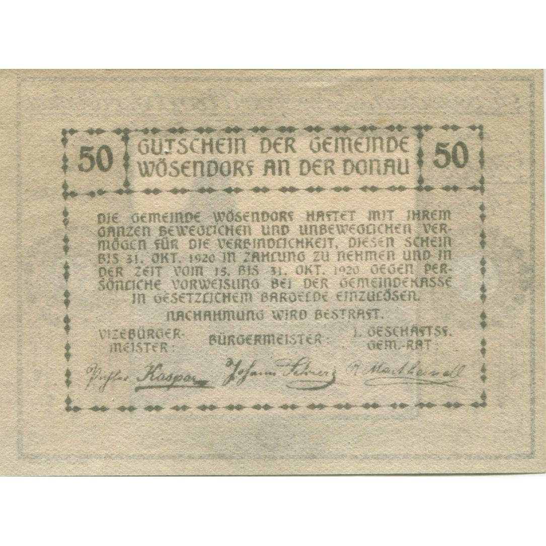 Billete, Austria, Wösendorf, 50 Heller, route 1920-12-31, SC, Mehl:FS 1255a