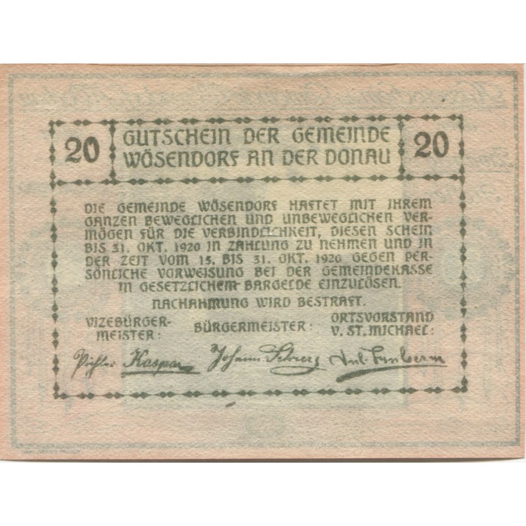 Billete, Austria, Wösendorf, 20 Heller, château 1920-12-31, SC Mehl:FS 1255a