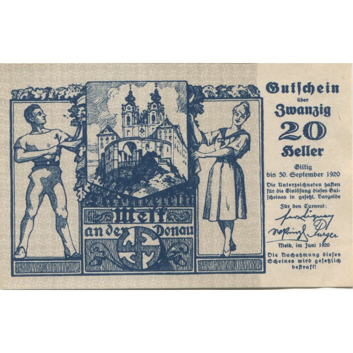 Billete, Austria, Melk, 20 Heller, château, 1920, 1920-09-30, SC, Mehl:FS 607a