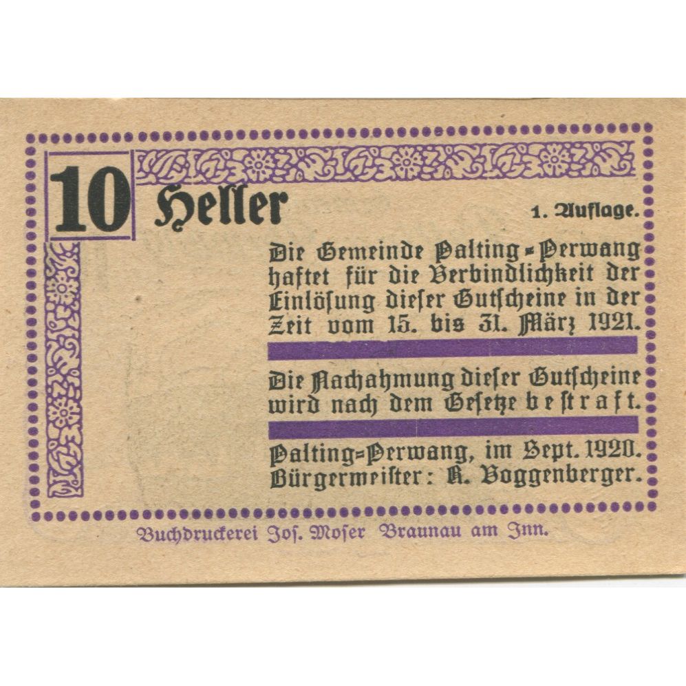 Billete, Austria, Palting-Perwang, 10 Heller, Eglise, 1921, SC Mehl:FS 720a3