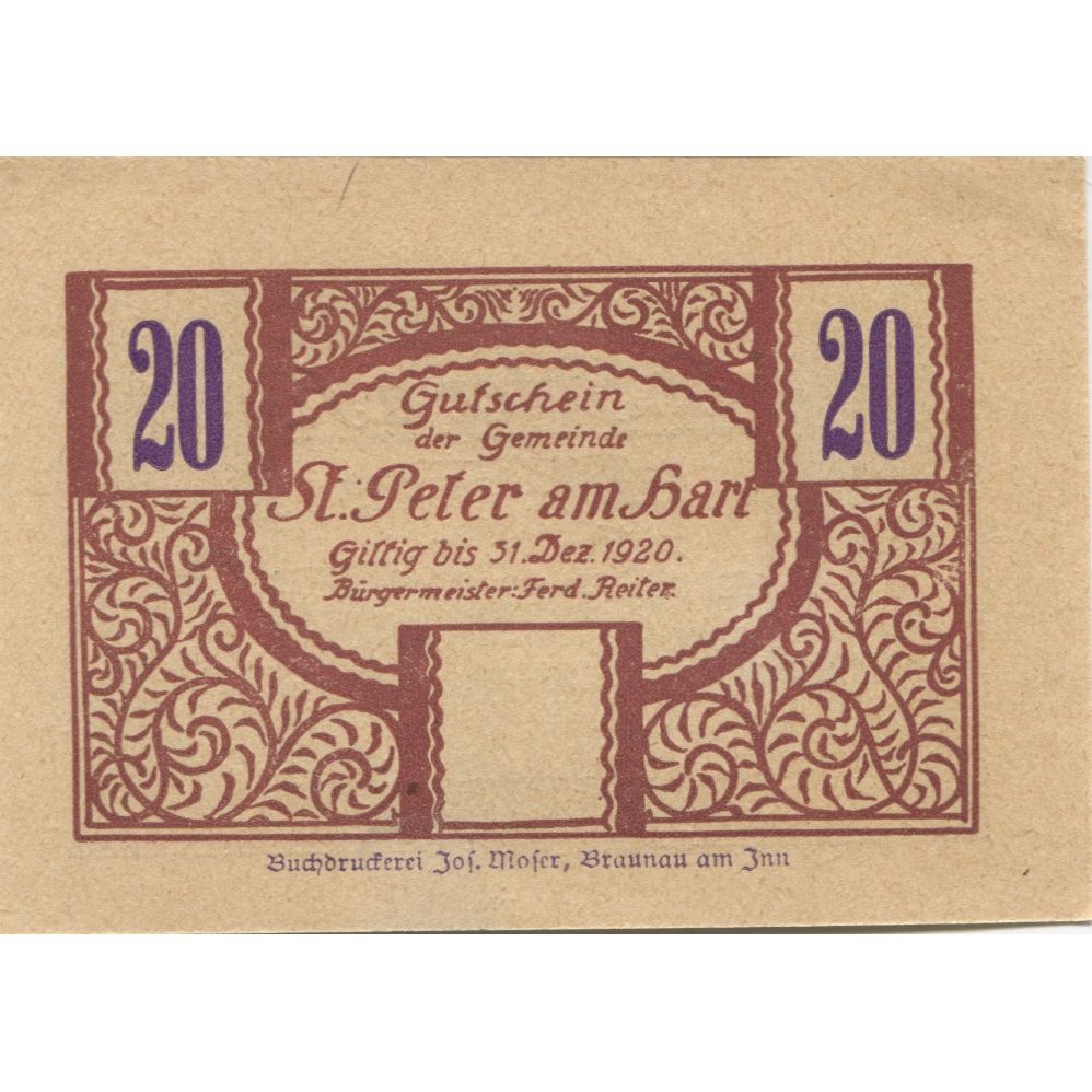 Billete, Austria, St Peter am Hart, 20 Heller, château, 1920 SC Mehl:FS 925b