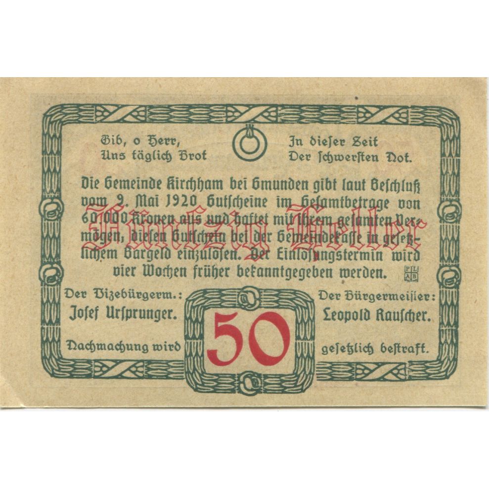 Billete, Austria, Kirchham, 50 Heller, champs 1920-05-09, SC Mehl:FS 446Ia