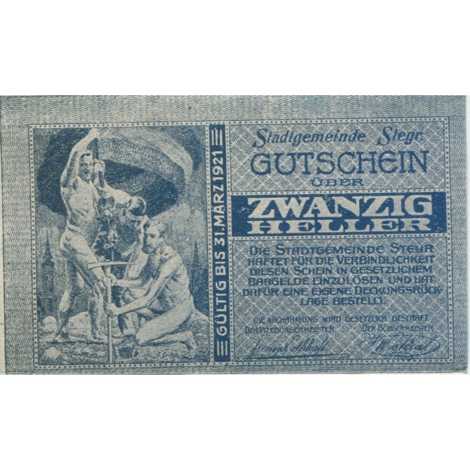 Billete, Austria, Steyr, 20 Heller, personnage 1921-03-31, SC Mehl:FS 1034IIa