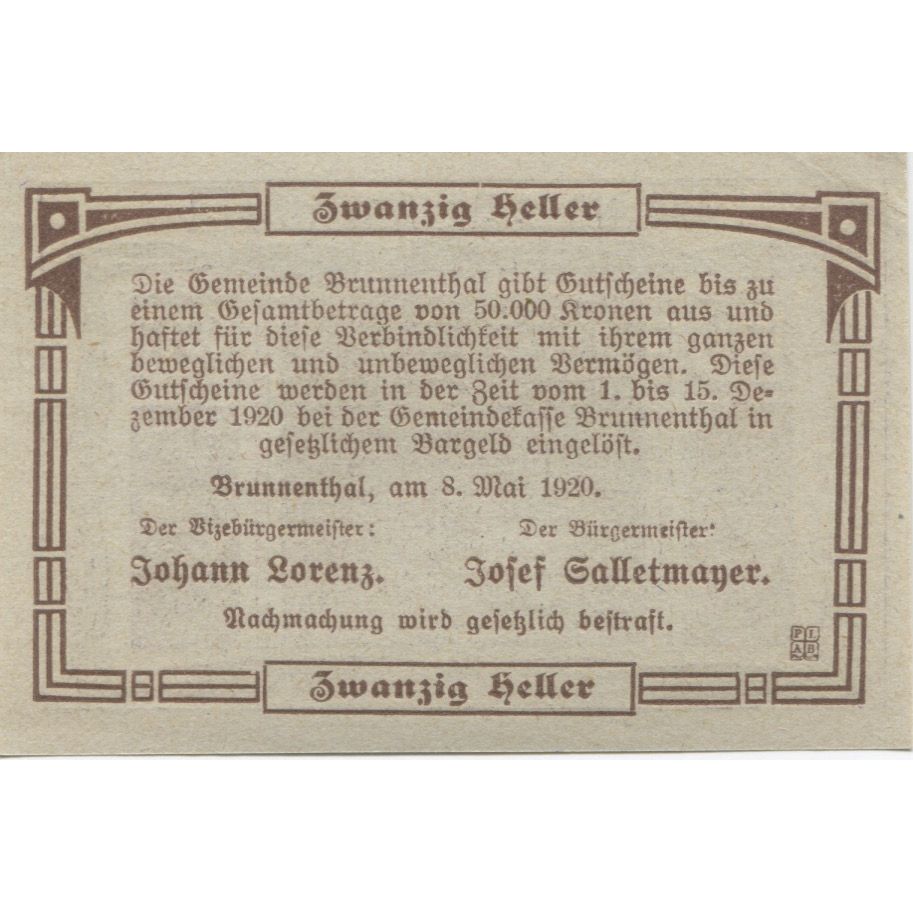 Billete, Austria, Brunnenthal, 20 Heller, blé 1920-12-15, SC, Mehl:FS 111a