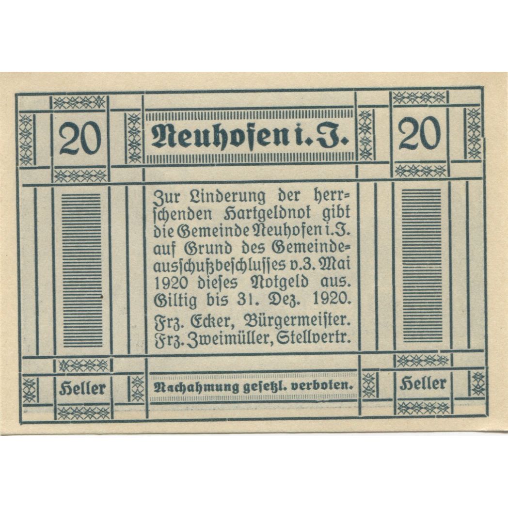 Billete, Austria, Neuhofen, 20 Heller, route 1920-12-31, SC Mehl:FS 652IIa