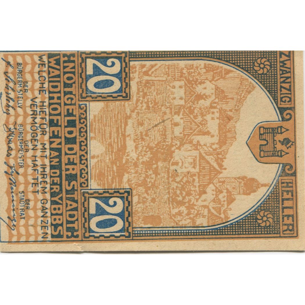 Billete, Austria, Waidhofen a/d Ybbs, 20 Heller, village, 1920 SC Mehl:FS 1127