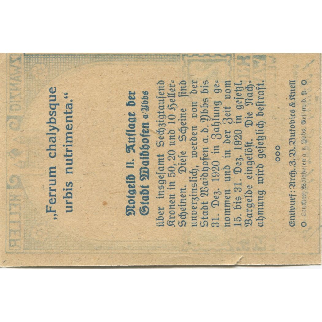 Billete, Austria, Waidhofen a/d Ybbs, 20 Heller, village, 1920 SC Mehl:FS 1127