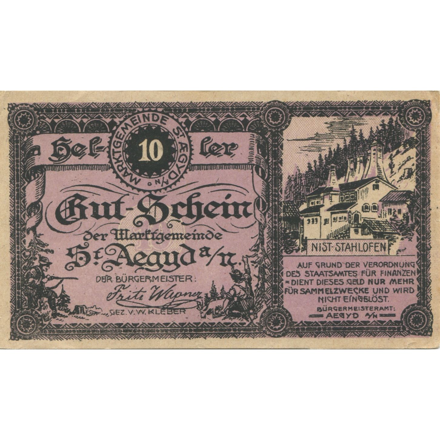 Billete, Austria, Aegyd, 10 Heller, montagne, 1920, SC, Mehl:FS 876a