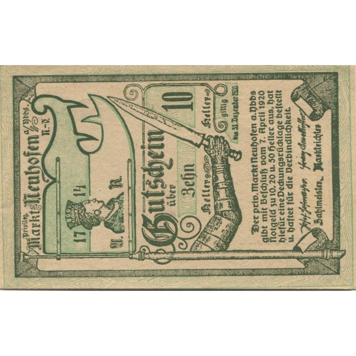 Billete, Austria, Neuhofen, 10 Heller, épée, 1920-12-31, SC Mehl:FS 651c
